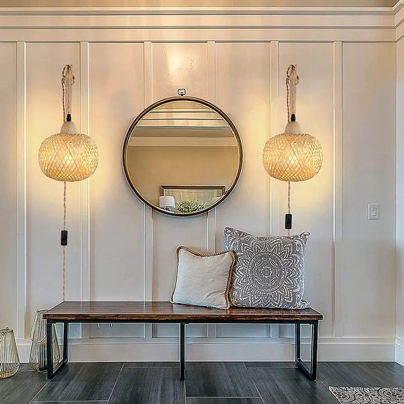 Bamboo Lantern Wall Lamp Natural Rattan Wicker E27 Chandeliers Hand-Woven Bamboo Room Decor Lampshades Wall Light Fixtures-Serilas