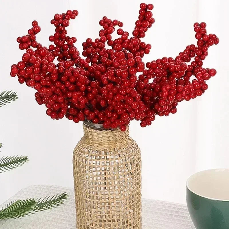 Christmas Red Berries Branch  Artificial Holly Berry Stamen Wreath DIY Foam Fake Flower Ornaments for Xmas Tree Party Home Decor-Serilas
