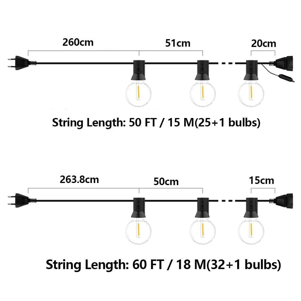 LED String Light G40 Shatterproof Light String IP44 Patio Light Outdoor Garland Light For Garden Wedding Decoration 18M 26M 45M-Serilas