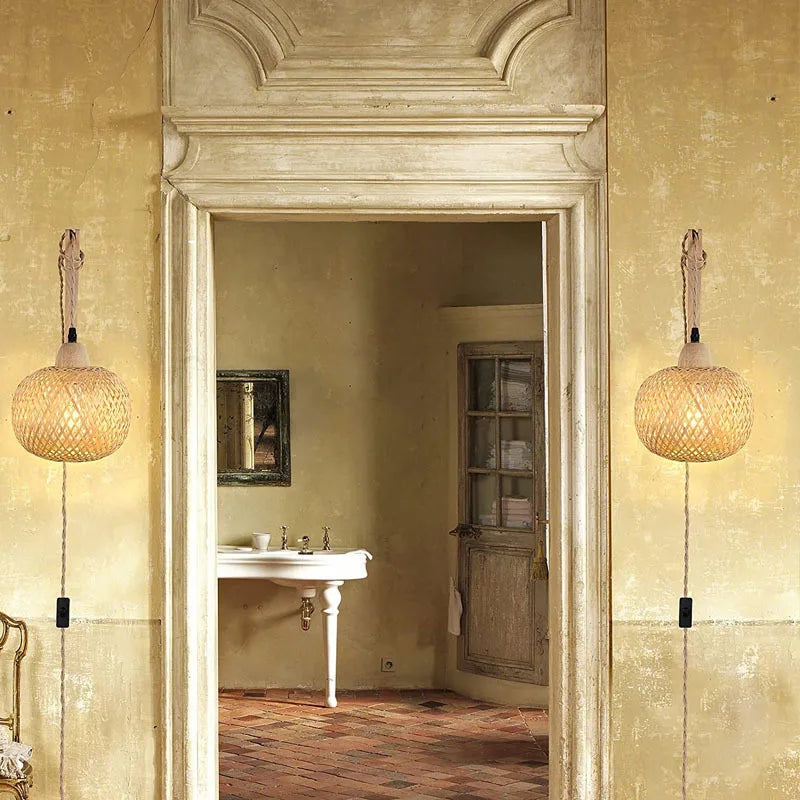 Bamboo Lantern Wall Lamp Natural Rattan Wicker E27 Chandeliers Hand-Woven Bamboo Room Decor Lampshades Wall Light Fixtures-Serilas