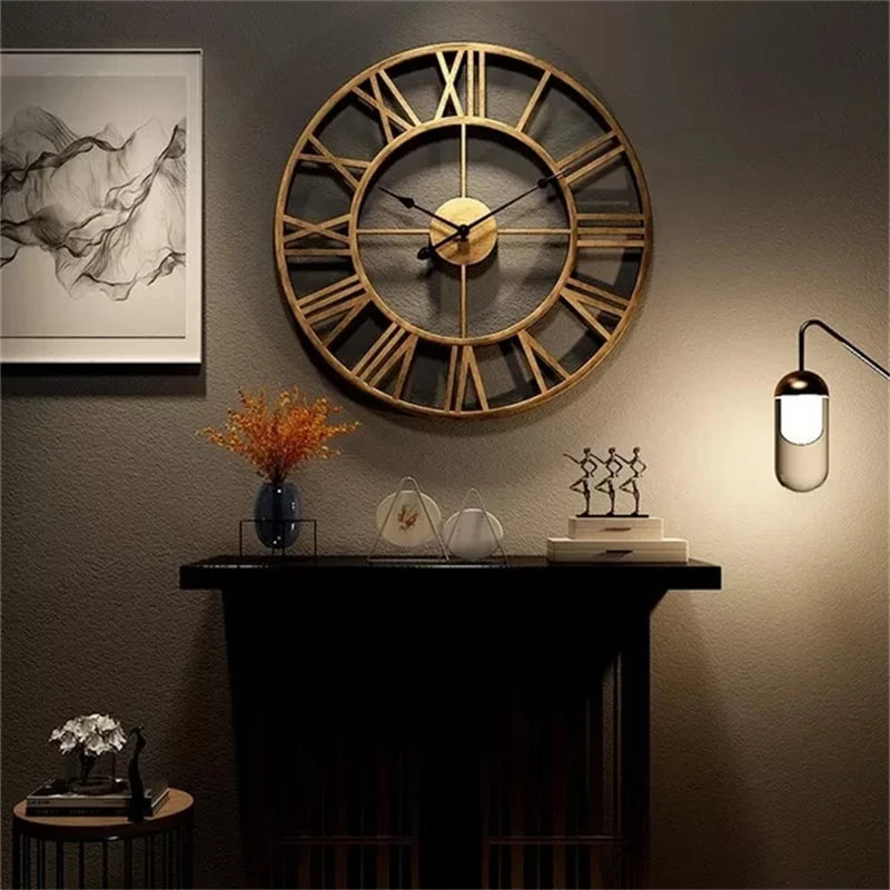 Modern 3D Large Wall Clocks Roman Numerals Retro Round Metal Iron Accurate Silent Nordic Hanging Ornament Living Room Decoration-Serilas