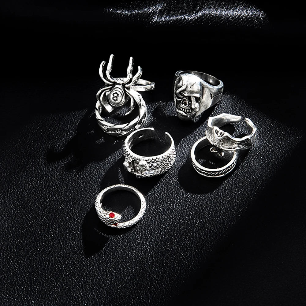 7Pcs/Set New Retro Hip-hop Dark Style Skull Spider Infinity Ring Creative Personal Metal Snake Ring Set-Serilas