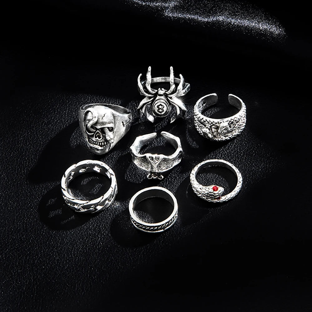 7Pcs/Set New Retro Hip-hop Dark Style Skull Spider Infinity Ring Creative Personal Metal Snake Ring Set-Serilas