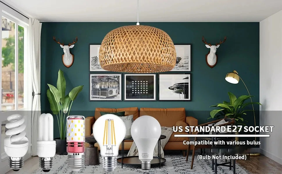 Bamboo Lantern Pendant Lamp Natural Rattan Wicker E27 Chandeliers Hand-Woven Bamboo Lampshades Lighting Fixtures Hanging Light-Serilas