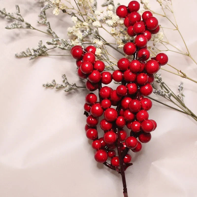 Christmas Red Berries Branch  Artificial Holly Berry Stamen Wreath DIY Foam Fake Flower Ornaments for Xmas Tree Party Home Decor-Serilas