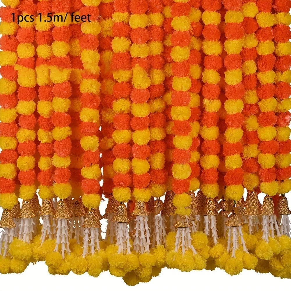 Marigold Flower Garlands 1.5m Artificial Flower Garland Indian DécorPooja Diwali Fiesta Day of The Dead Christmas Events Decor-Serilas